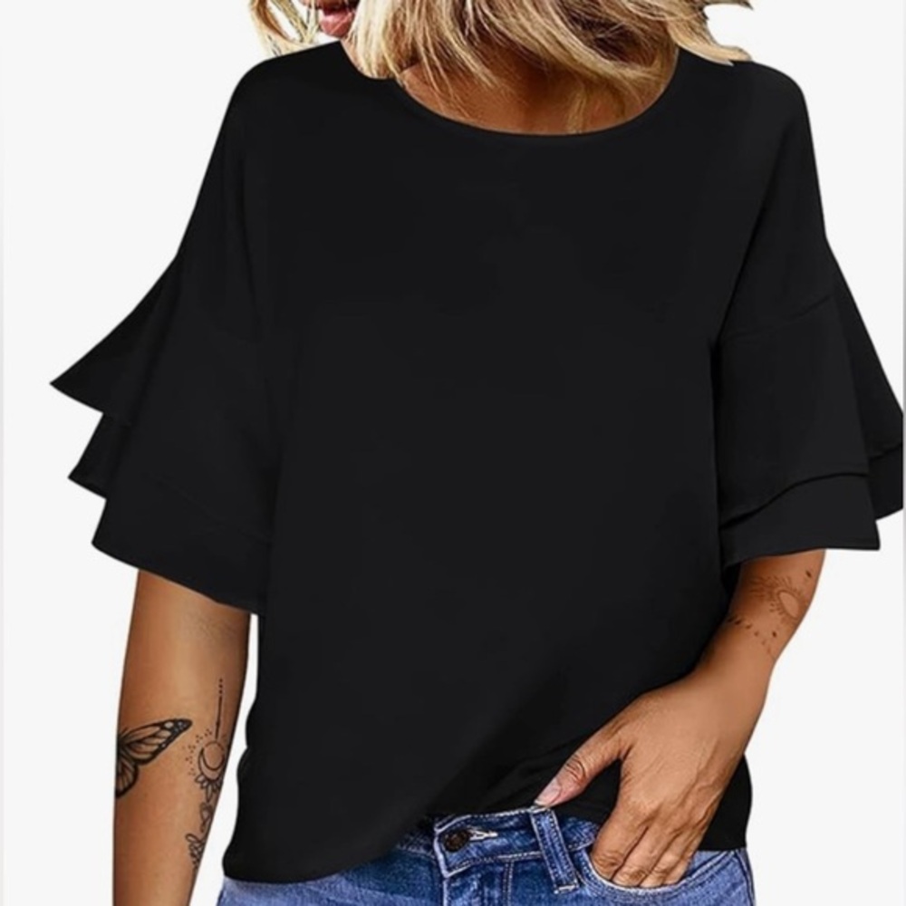 Boho Black 3/4 Tiered Bell Sleeve Crewneck Loose Tops Blouses Shirt